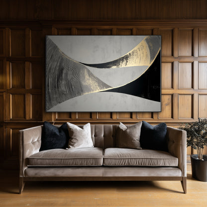 Large black and gold abstract painting on a classic dark wood paneled wall above a velvet sofa in a formal library.