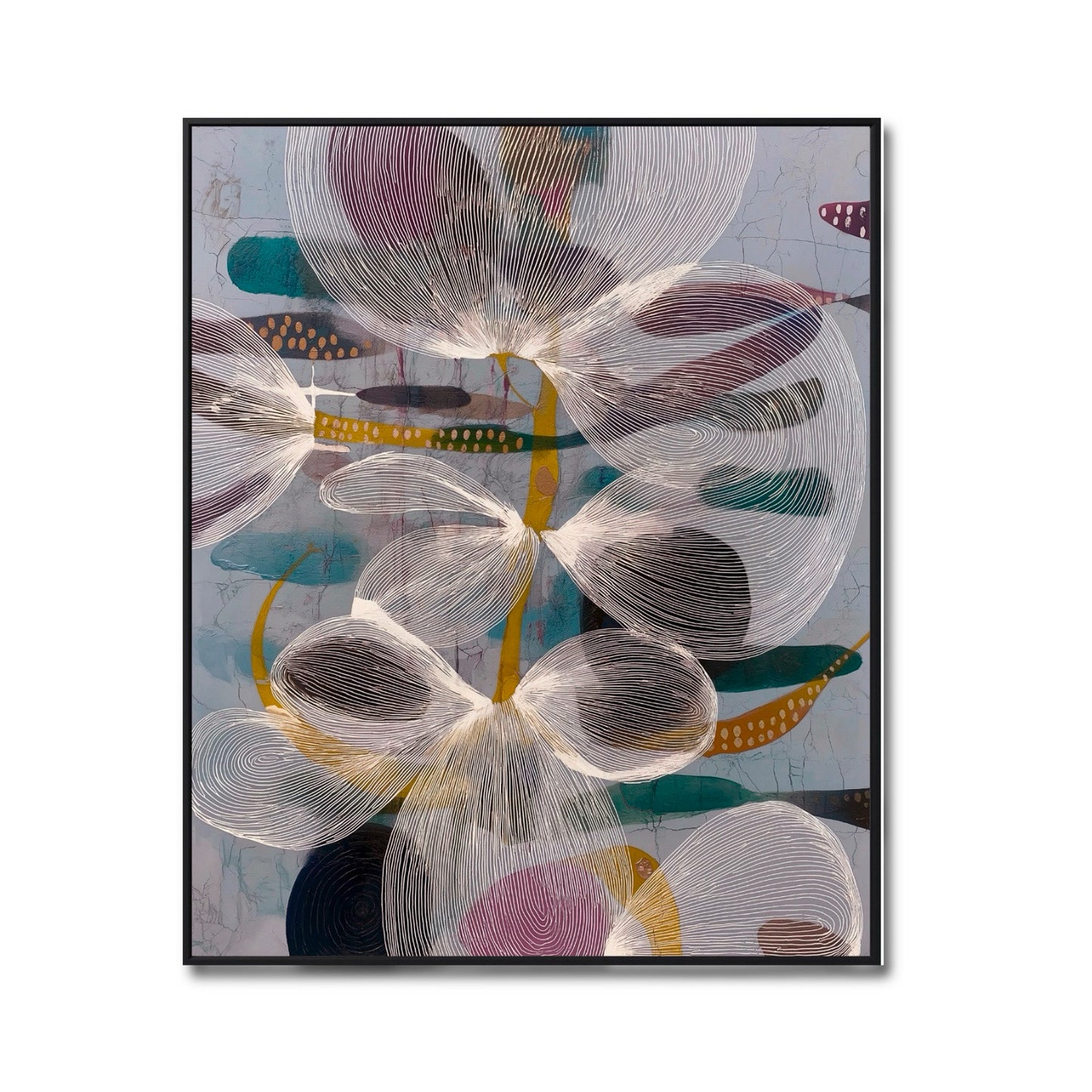 Original abstract floral painting. Delicate white line-work on a cool blue-grey background with accents of purple, teal, and yellow.