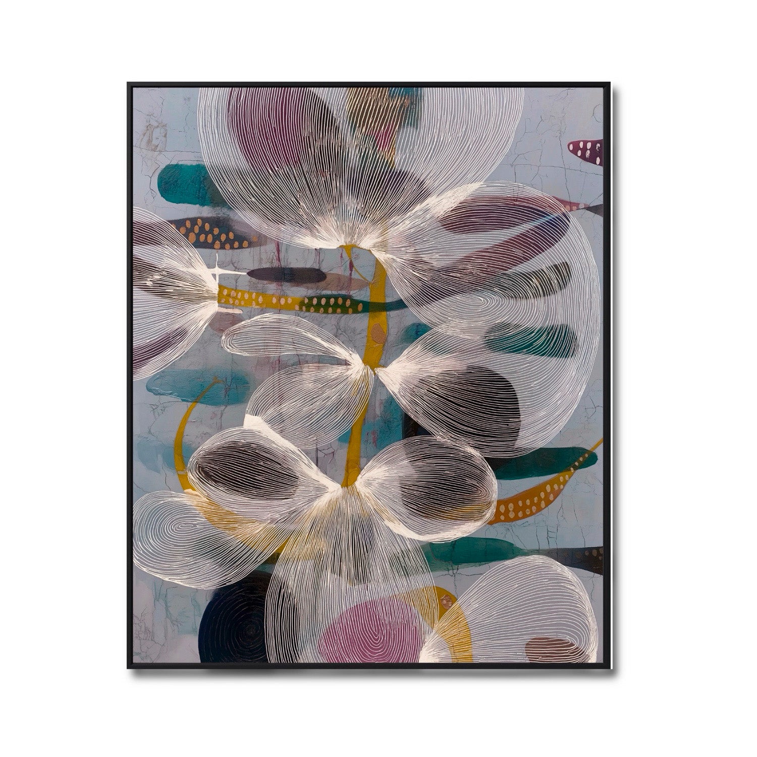 Original abstract floral painting. Delicate white line-work on a cool blue-grey background with accents of purple, teal, and yellow.
