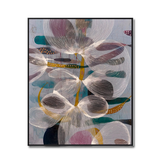 Original abstract floral painting. Delicate white line-work on a cool blue-grey background with accents of purple, teal, and yellow.