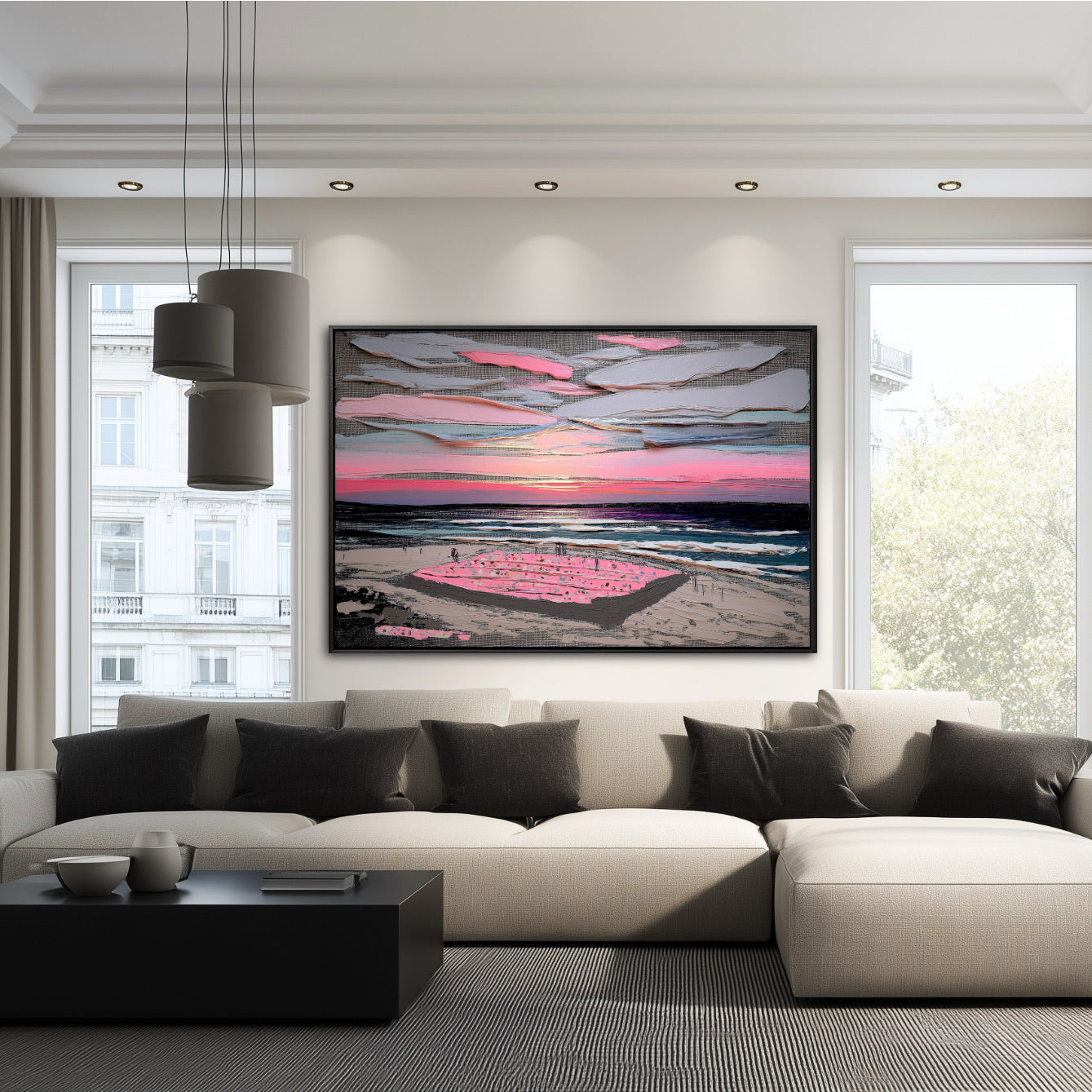 Expansive original pink and blue impasto beach art as a modern focal point over a large minimalist sectional sofa in a bright, high-end living space.