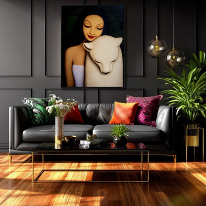 Original oil painting defines a dark, sophisticated interior. Black leather sofa, gold accents, moody walls, and glossy wood floor.