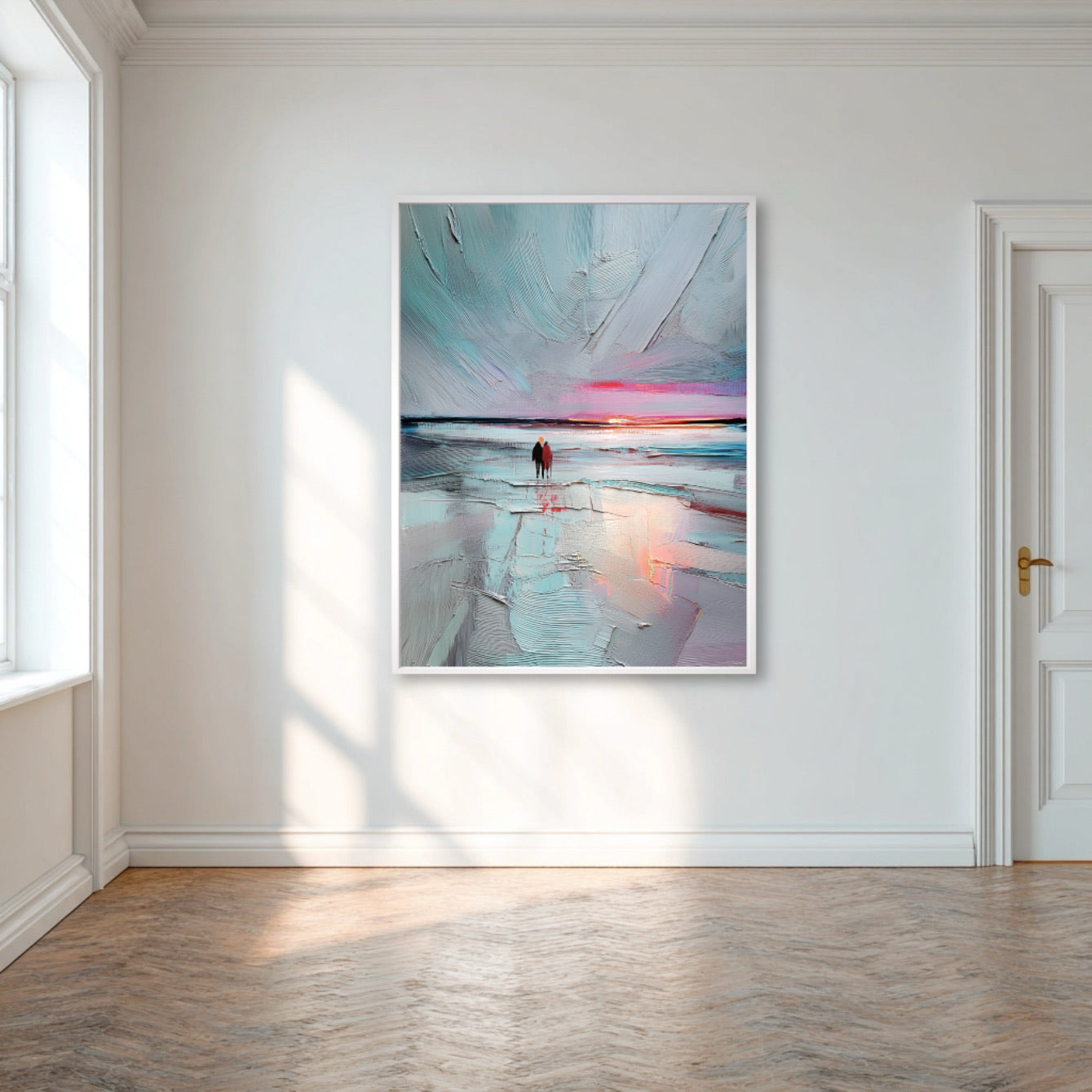 Abstract painting of a beach scene with a person on a wall in a room with wooden floor and white walls.