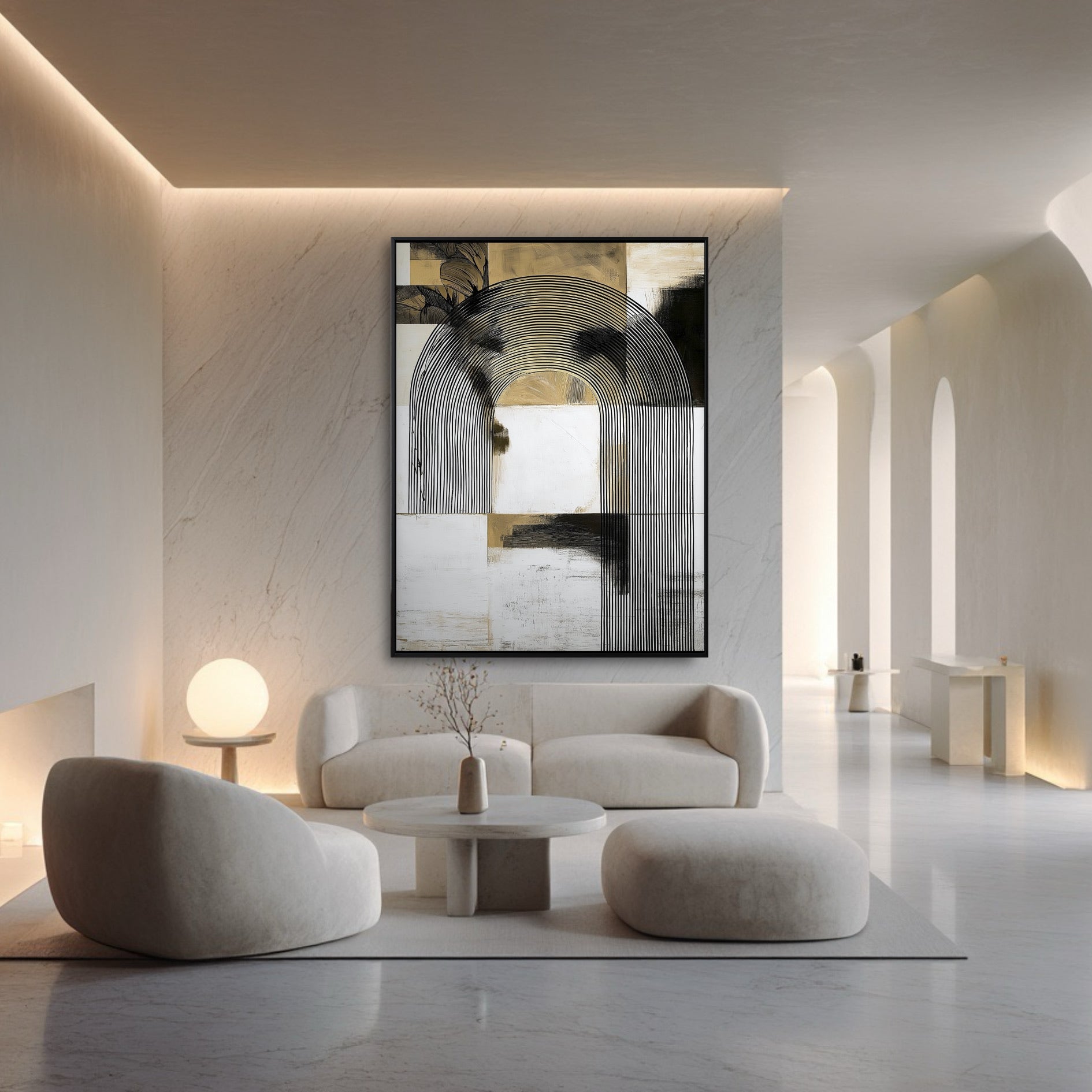 A large abstract arch painting complements the curved white sofa and arched hallways in a high-end, minimalist luxury living room.