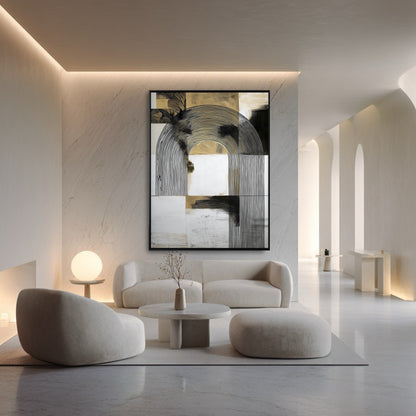 A large abstract arch painting complements the curved white sofa and arched hallways in a high-end, minimalist luxury living room.