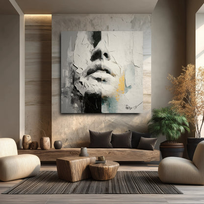 Large abstract painting of a face in a minimalist living room with warm wood furniture and neutral-colored seating.