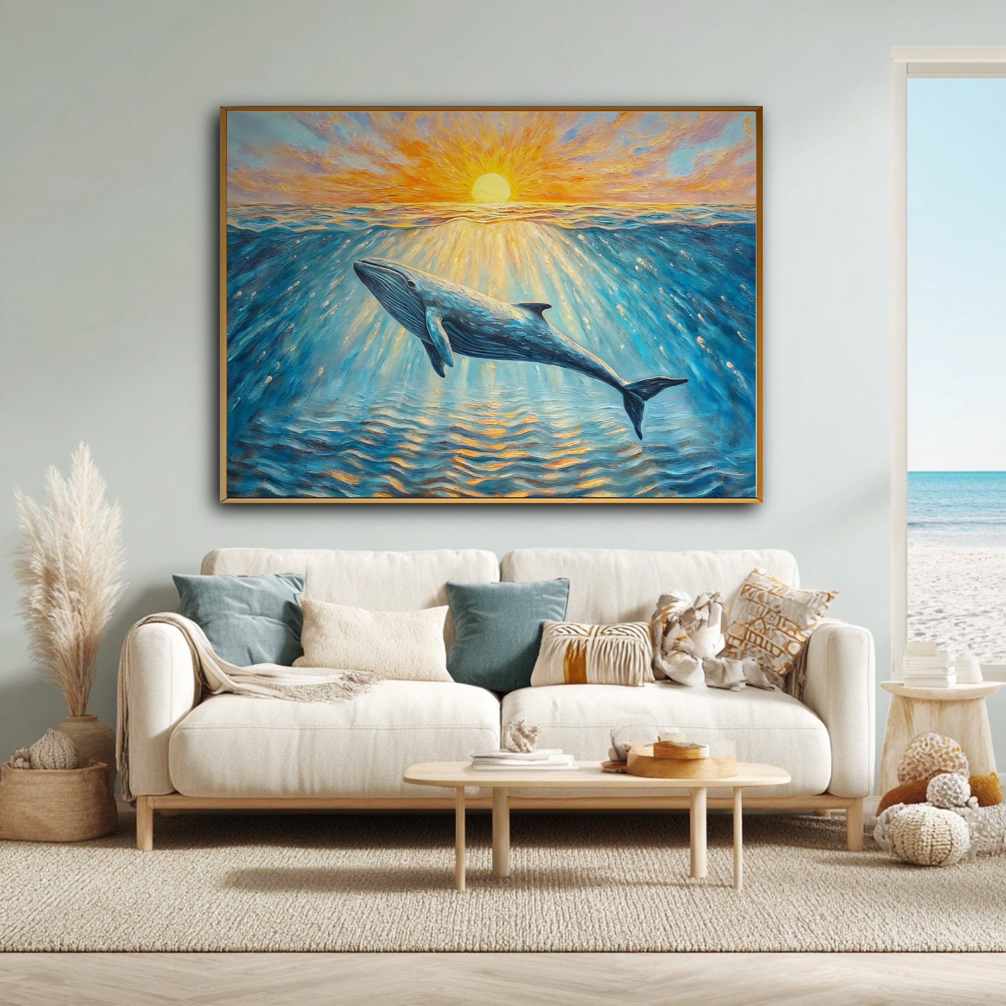 A whale and sunset painting hangs above a white sofa in a bright, coastal living room with a view of the ocean.