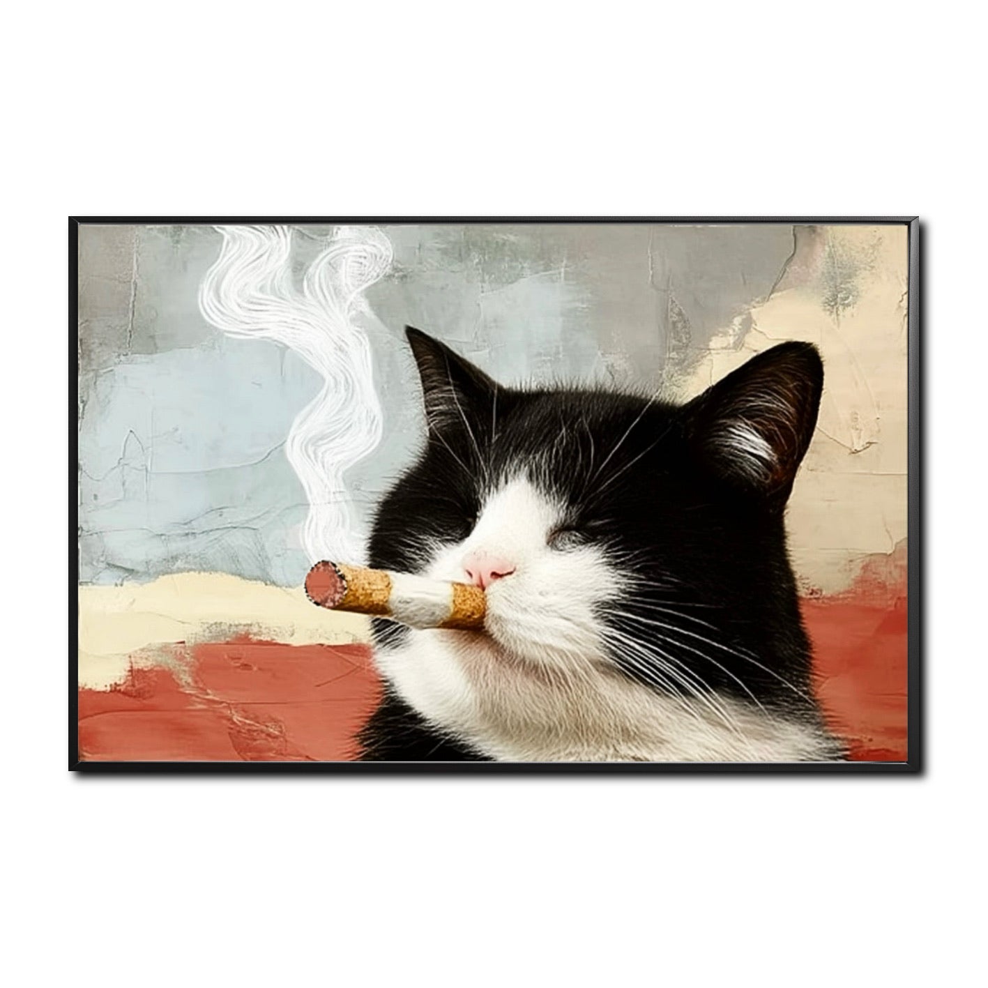 Original smoking tuxedo cat portrait art, modern black and white feline with abstract background, hand-painted style.