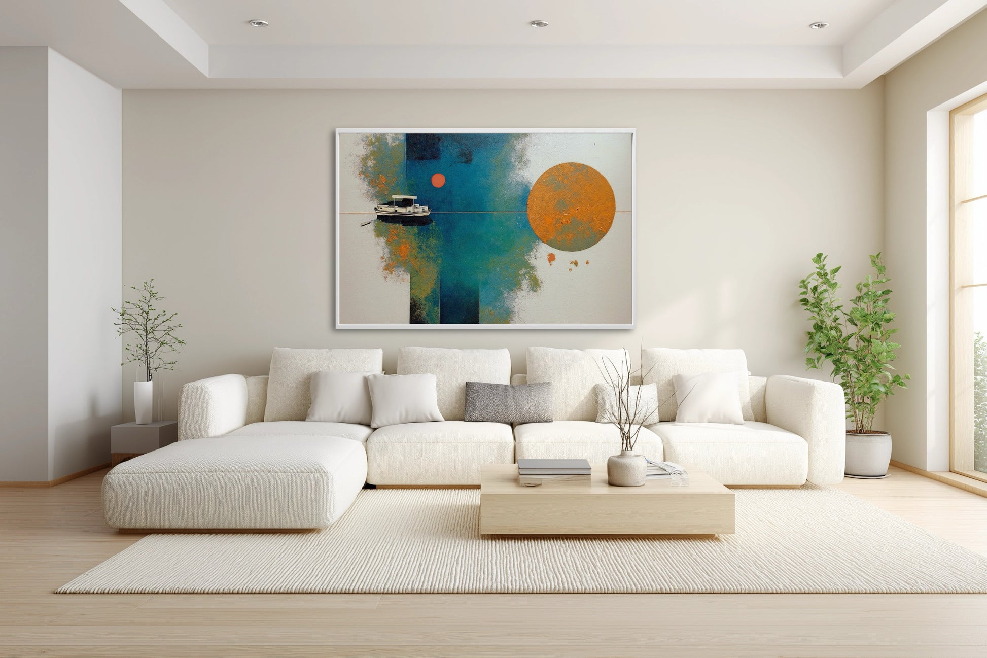 Original abstract boat art creates a focal point over a large, minimalist cream sectional sofa in a bright, open-concept living room.