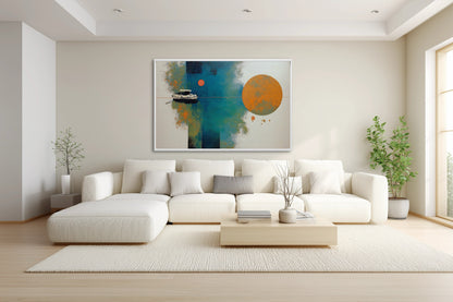 Original abstract boat art creates a focal point over a large, minimalist cream sectional sofa in a bright, open-concept living room.