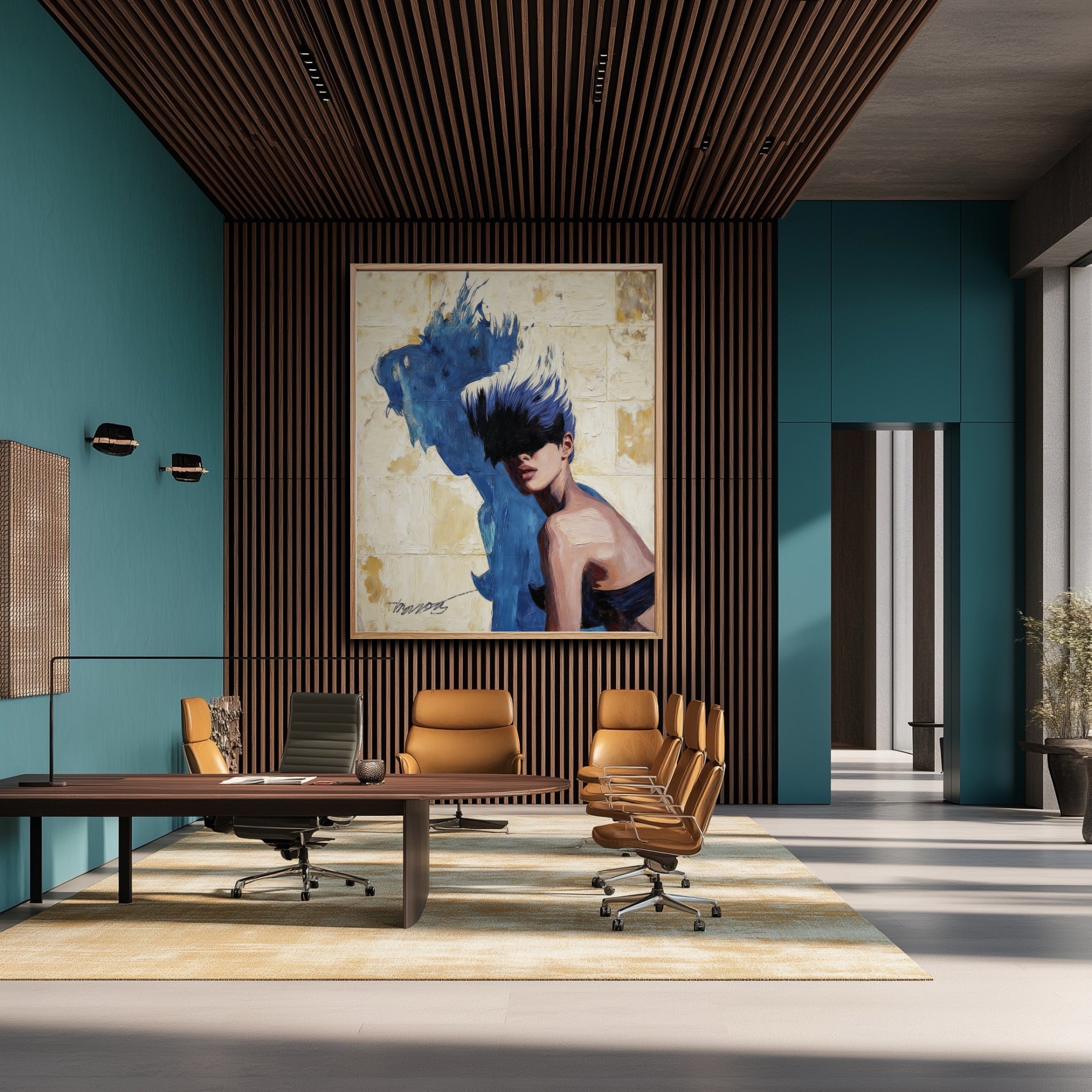 Large framed portrait of a woman hanging in a modern boardroom with wood slat walls, a long desk, and leather chairs.