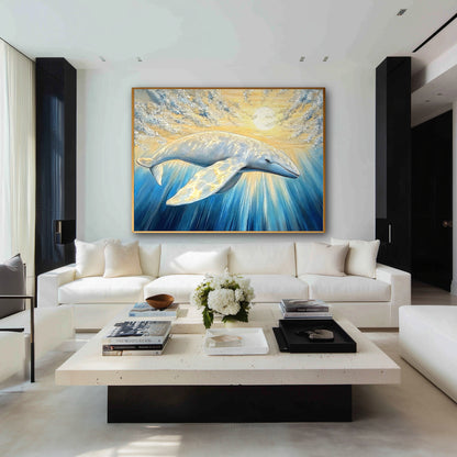 A colorful whale and sun painting provides a focal point in a stark, modern black and white living room with a white sofa.