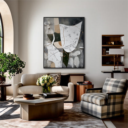 An original abstract painting adds a modern touch to a sunlit, elegant living room, complementing the neutral sofa and plaid armchair.