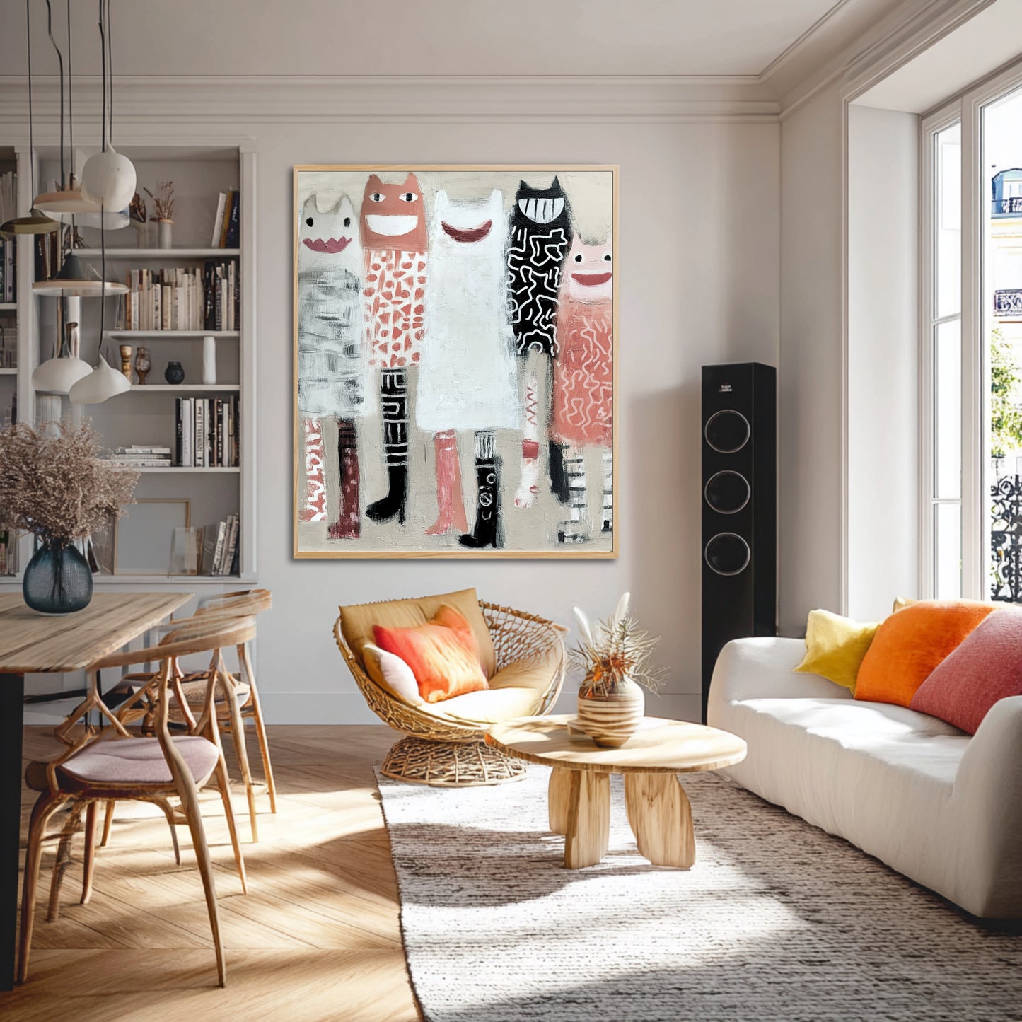 Abstract group portrait adds a vibrant, fun accent to a sunlit dining area with natural wood furniture and high Parisian windows.