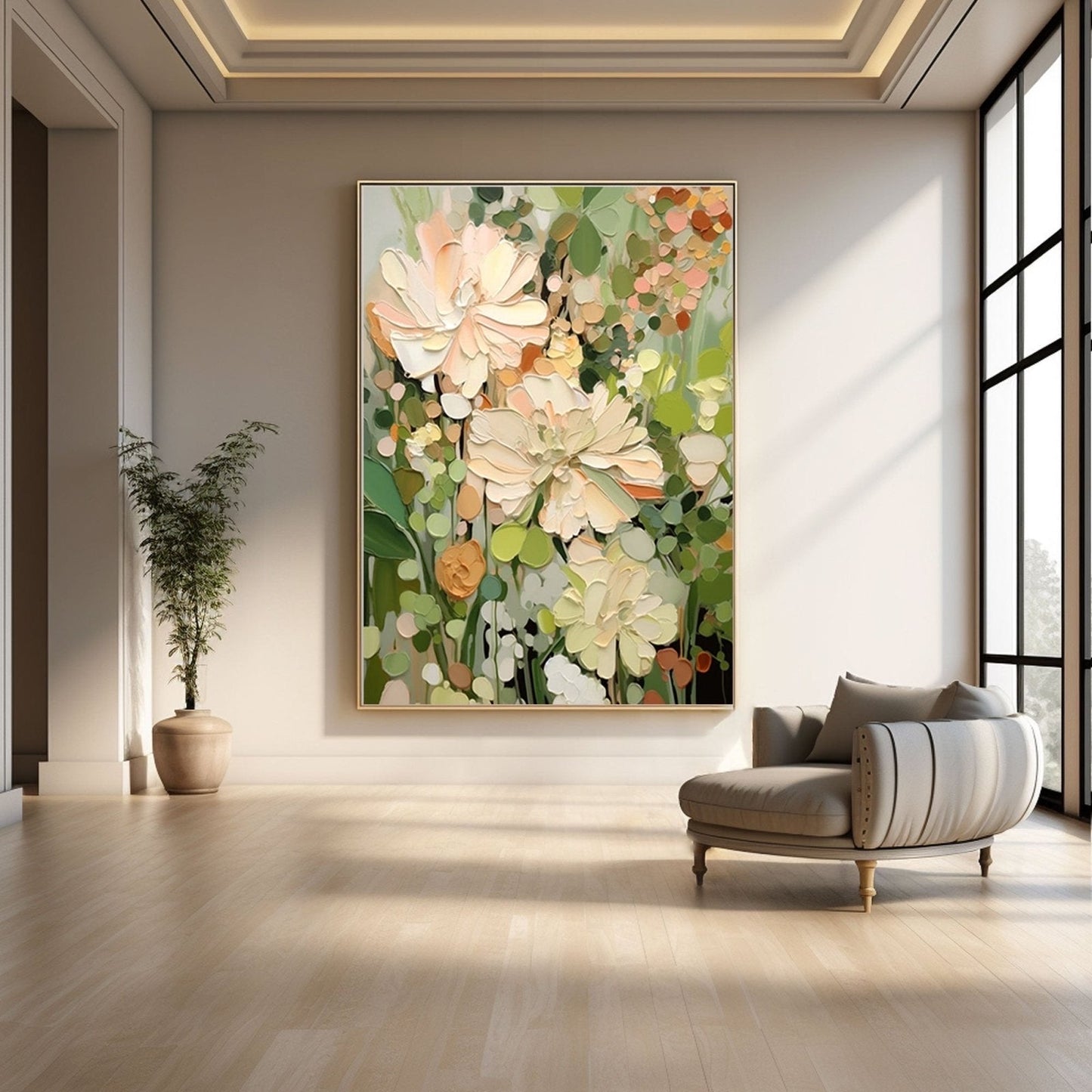 Modern interior with a large floral painting on the wall, a gray armchair, and a potted plant.