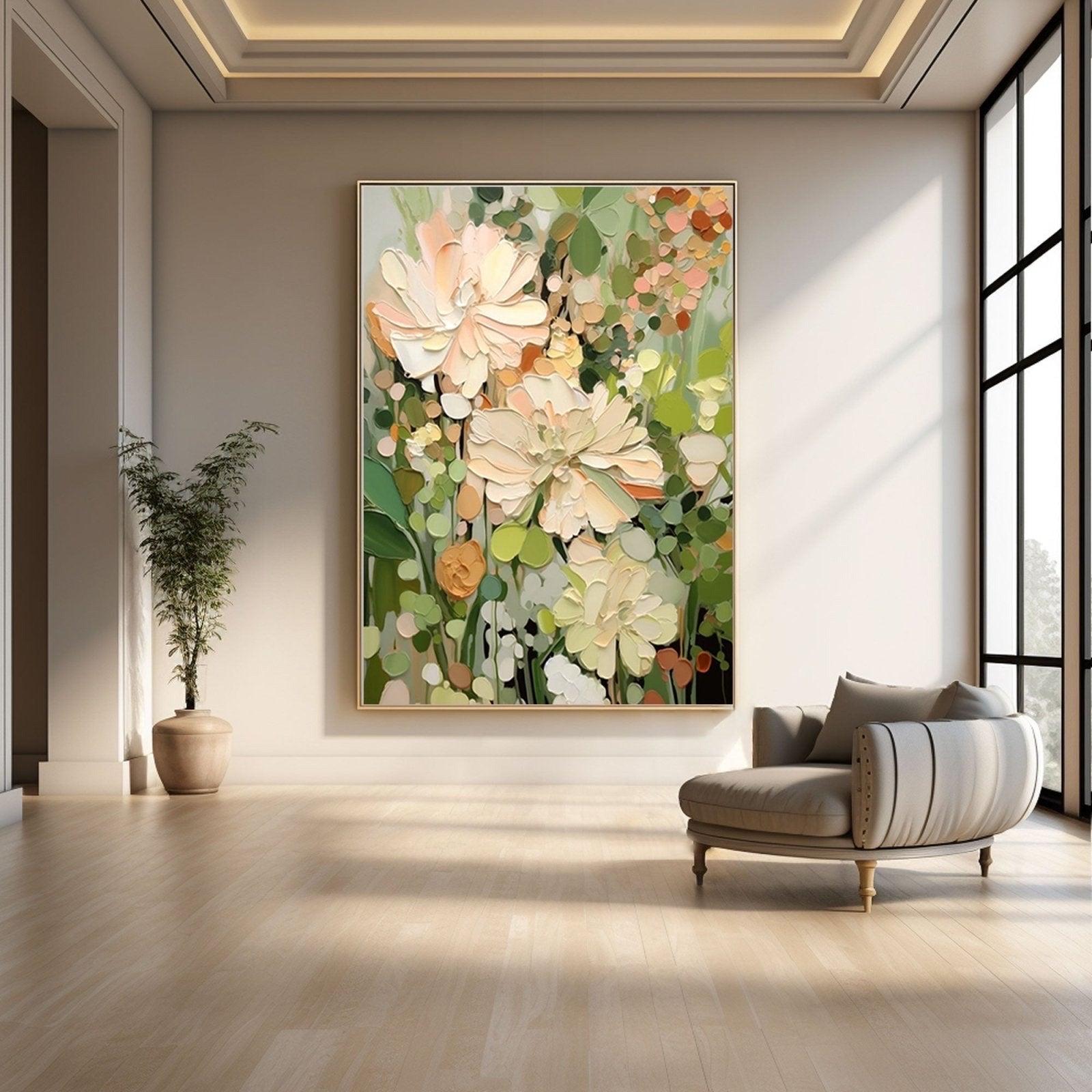 Modern interior with a large floral painting on the wall, a gray armchair, and a potted plant.
