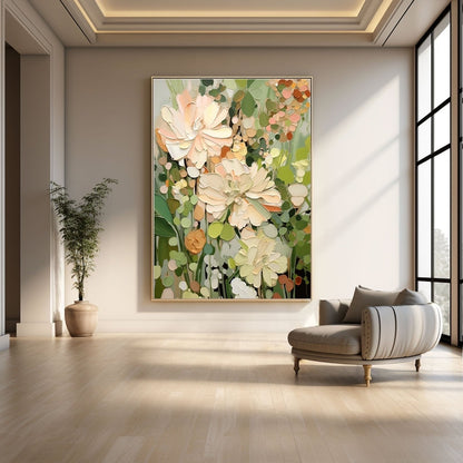 Modern interior with a large floral painting on the wall, a gray armchair, and a potted plant.