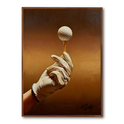 Original oil painting of a gloved hand holding a golf ball. Warm golden tones create a focused, elegant, and classic vibe.