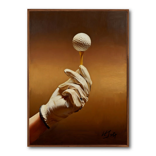 Original oil painting of a gloved hand holding a golf ball. Warm golden tones create a focused, elegant, and classic vibe.