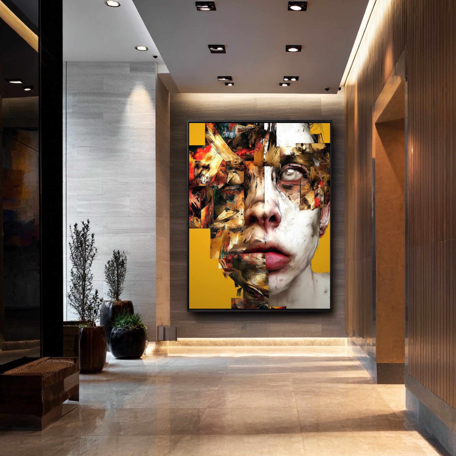 A large, yellow abstract portrait hangs as a focal point in a modern, well-lit commercial hallway with stone floors and wood panels.