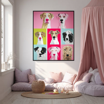Vibrant dog portrait brightens a whimsical, pink canopy floor cushion nook. Adds a playful, feminine pop art touch to the space.