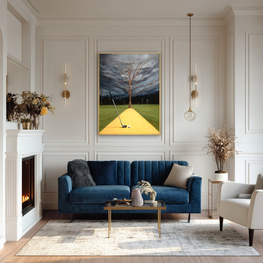 Hand-painted golf wall art in a classic blue living room. The dark sky tones match the velvet sofa and white wainscoting.