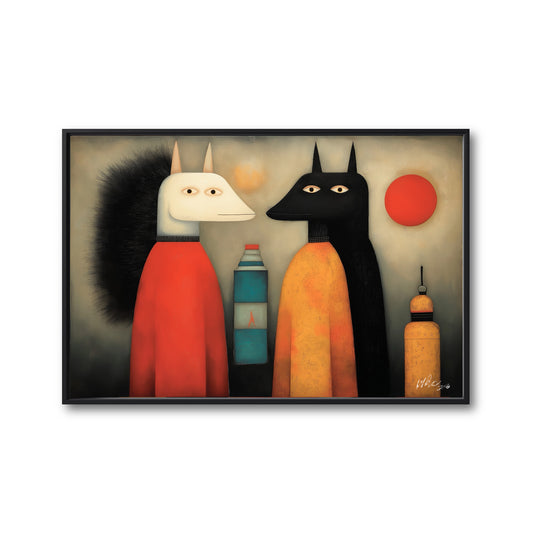 Original folk-surrealism painting of mythical creatures in warm red and ochre tones with a quiet, balanced vibe.
