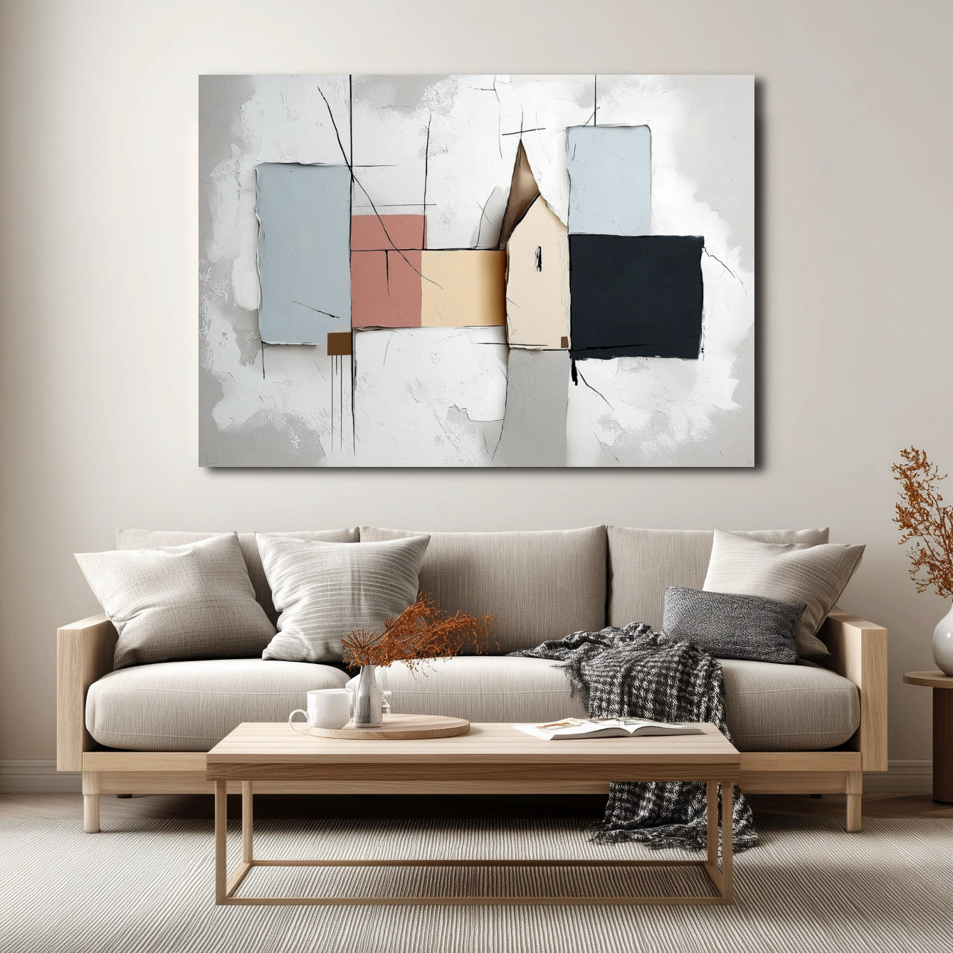 Abstract cottage art hangs over a low-profile wood and gray sofa, blending soft neutral colors with the Scandinavian-style living room decor.