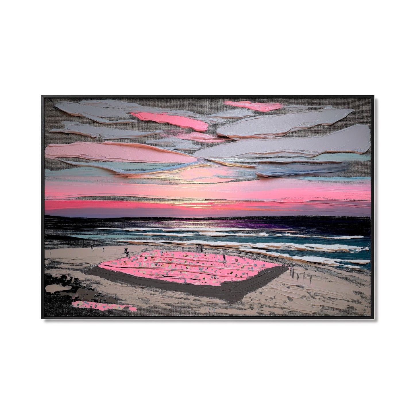 Original thick-texture hand-painted sunset beach oil painting. Vibrant pink and blue impasto art, framed for modern decor.