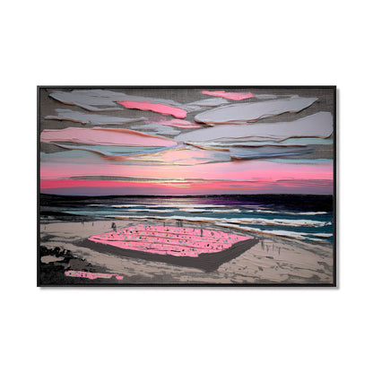 Original thick-texture hand-painted sunset beach oil painting. Vibrant pink and blue impasto art, framed for modern decor.