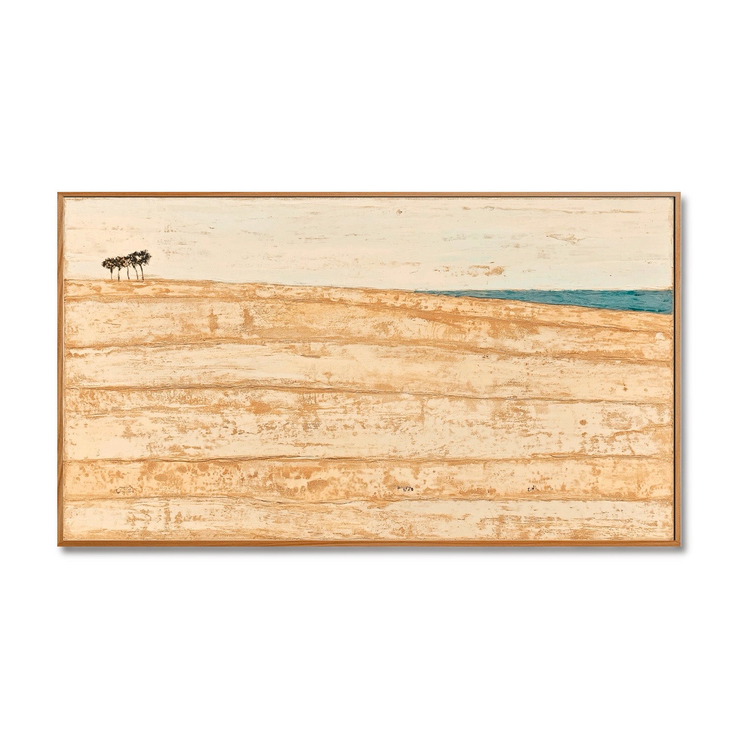 Original hand-painted minimalist coastal abstract art with heavy texture, featuring a vast warm sand field and small blue horizon line.