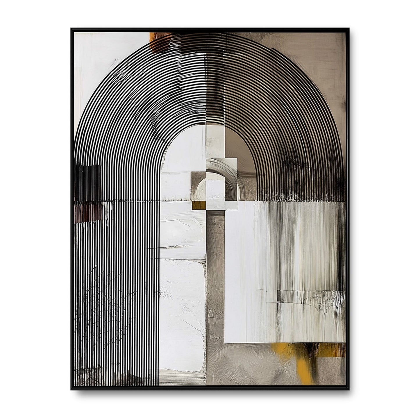 Original abstract art piece featuring black geometric arches, white textured blocks, and a neutral-toned background.