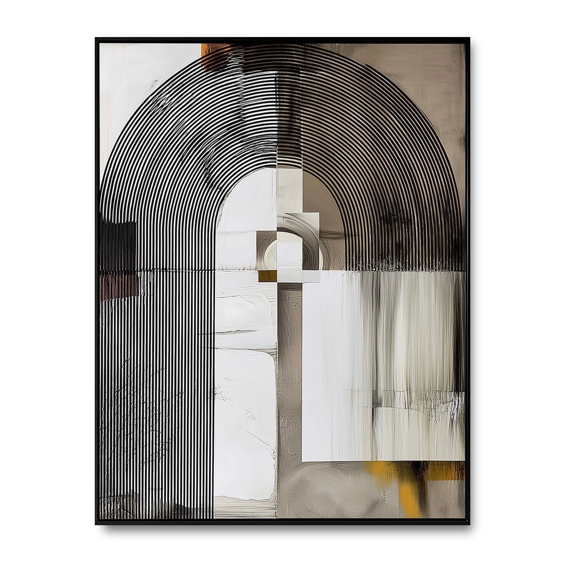 Original abstract art piece featuring black geometric arches, white textured blocks, and a neutral-toned background.