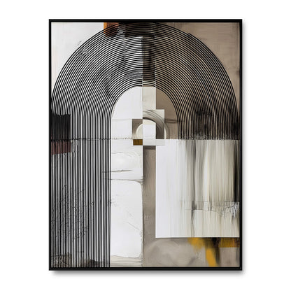 Original abstract art piece featuring black geometric arches, white textured blocks, and a neutral-toned background.