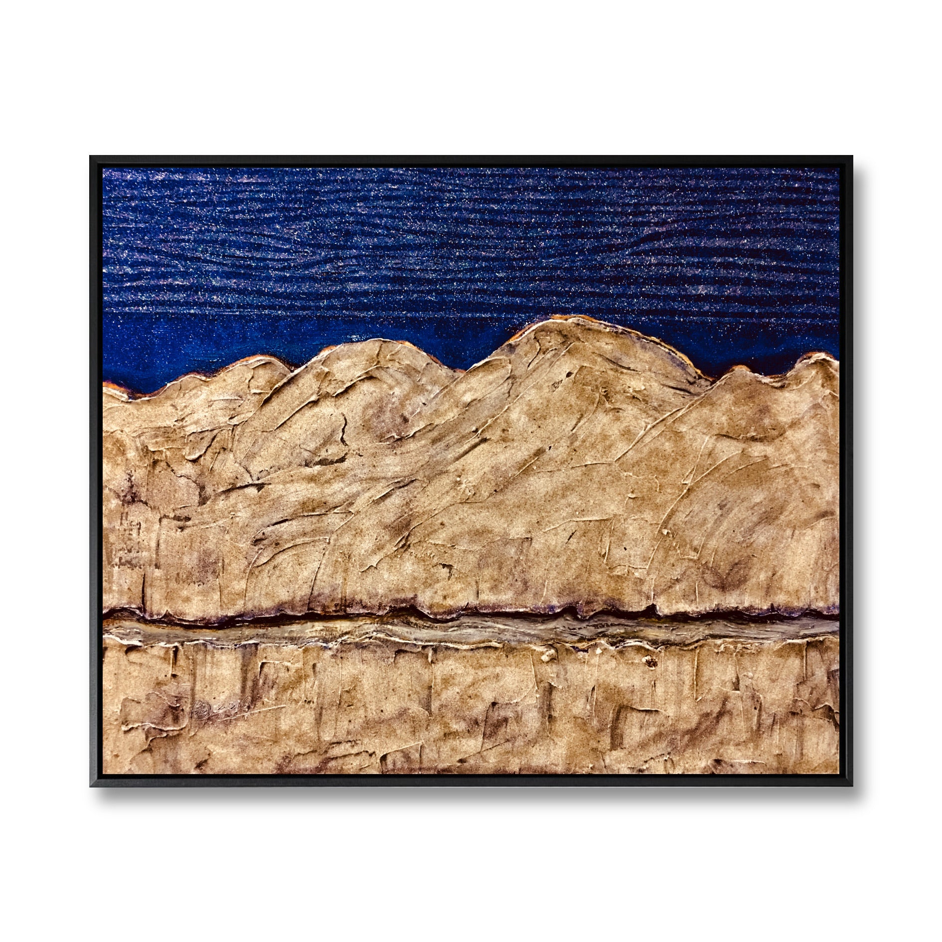 Original abstract painting with heavy gold texture depicting mountains and their reflection, set against a deep blue textured sky.