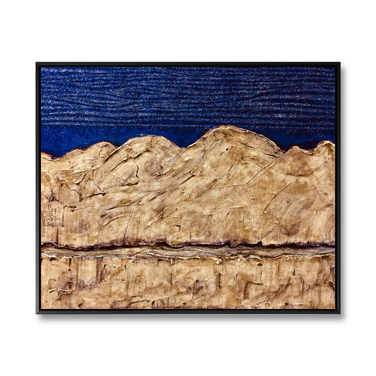 Original abstract painting with heavy gold texture depicting mountains and their reflection, set against a deep blue textured sky.