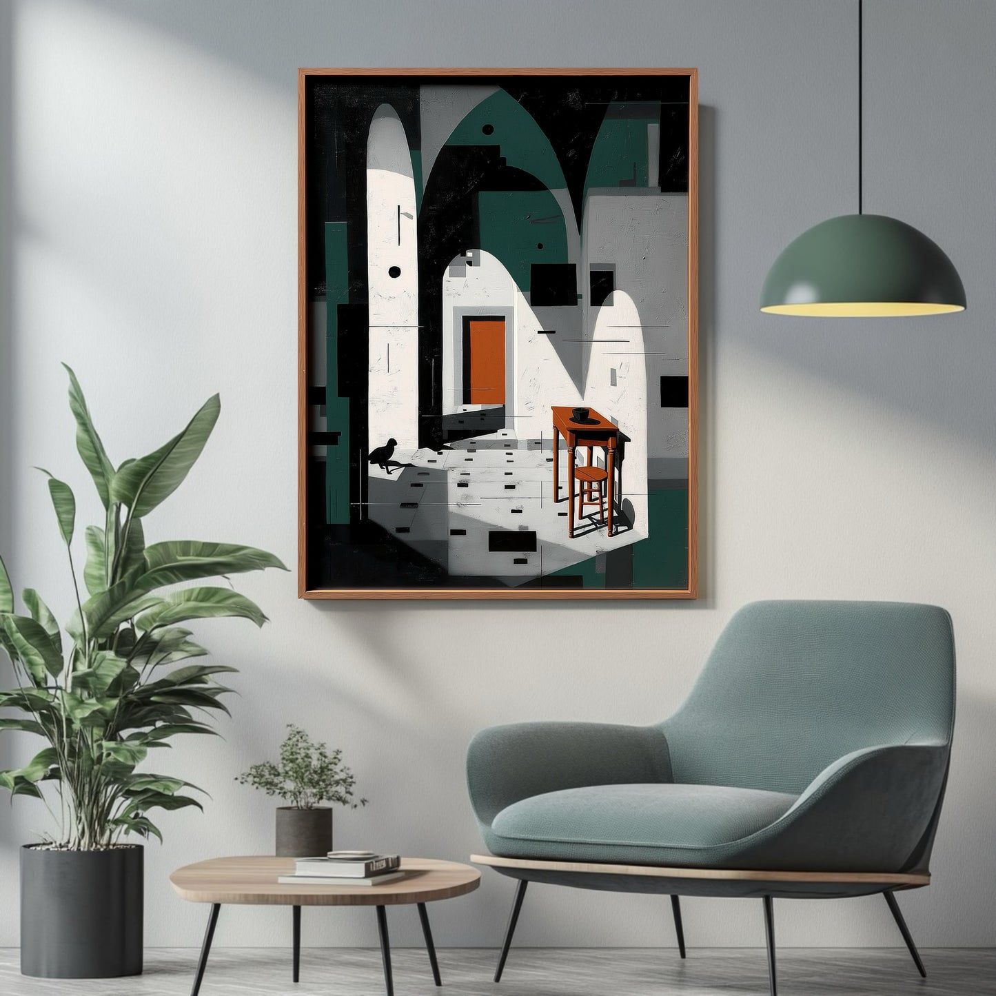 Abstract teal and white art anchors a cozy living space, complementing the green pendant lamp and soft, inviting armchair.