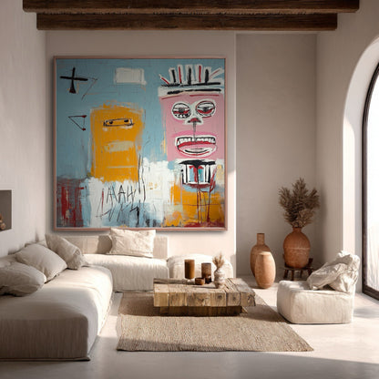 A large, colorful abstract painting with figures dominates a minimalist living room with a white sectional sofa and wood coffee table.