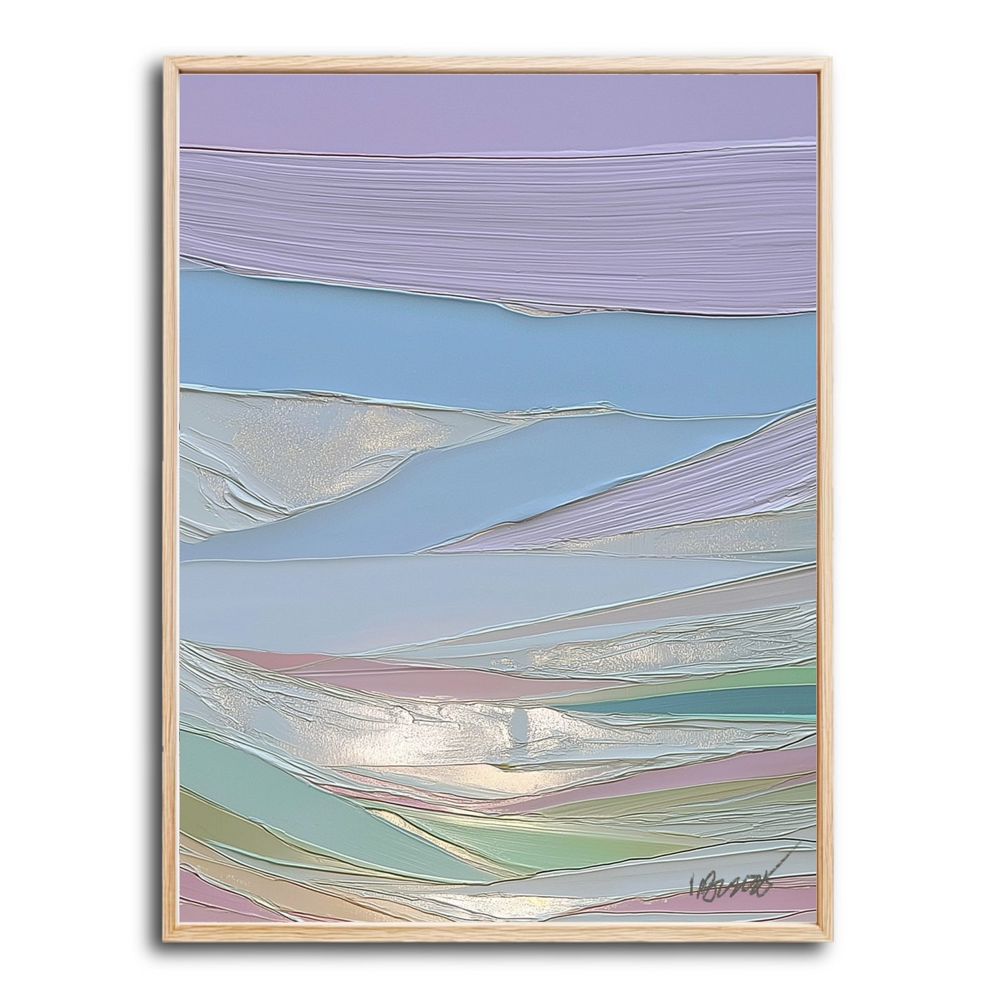 Original abstract landscape painting. Heavy impasto texture in cool pastel colors: lavender, blue, green, and pink. Modern, serene art.
