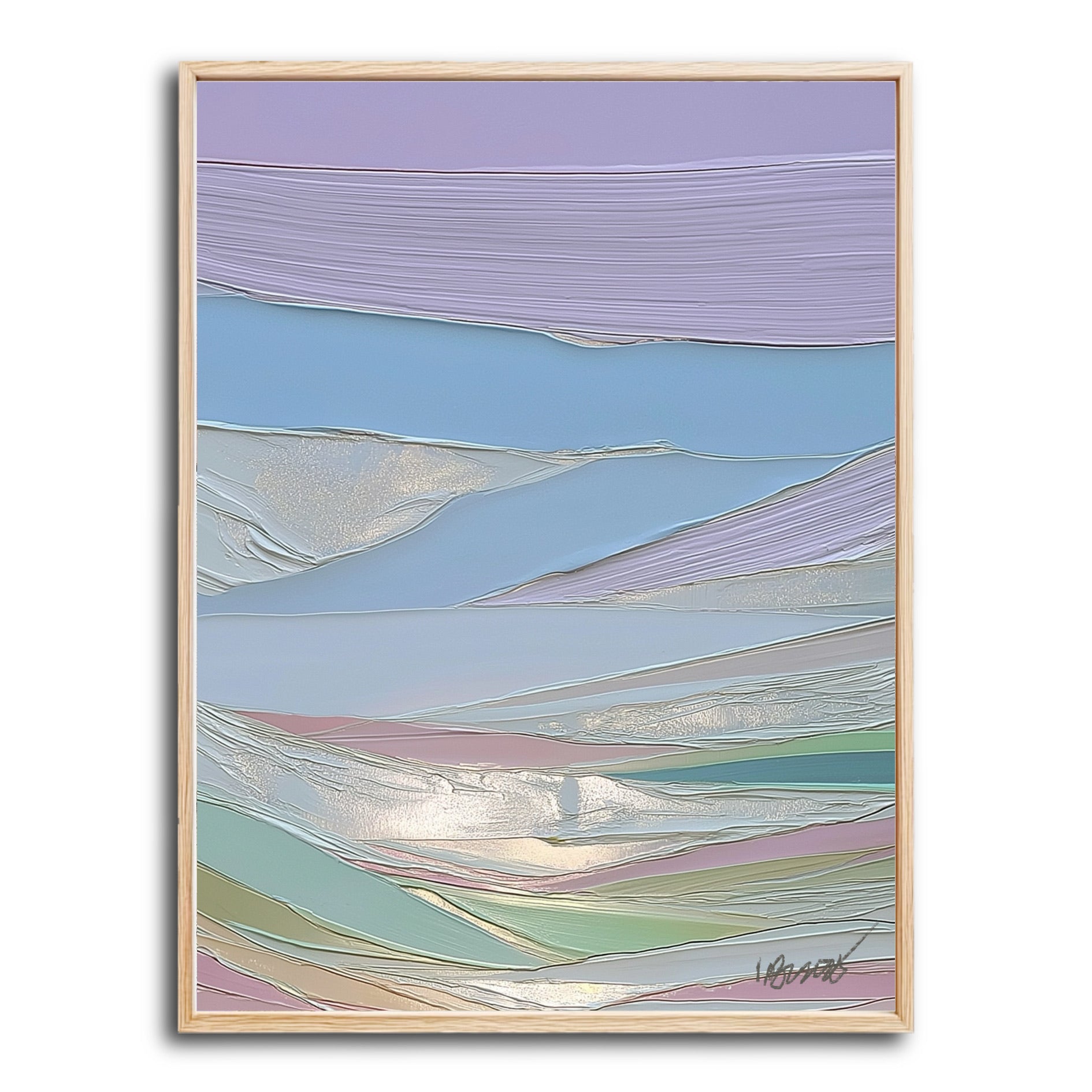 Original abstract landscape painting. Heavy impasto texture in cool pastel colors: lavender, blue, green, and pink. Modern, serene art.