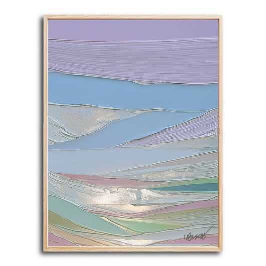 Original abstract landscape painting. Heavy impasto texture in cool pastel colors: lavender, blue, green, and pink. Modern, serene art.