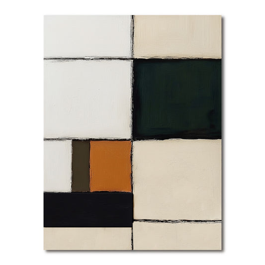 Original abstract color block art: Neutral beige, black, warm orange, and deep green squares; bold contrast, modern minimalist decor.