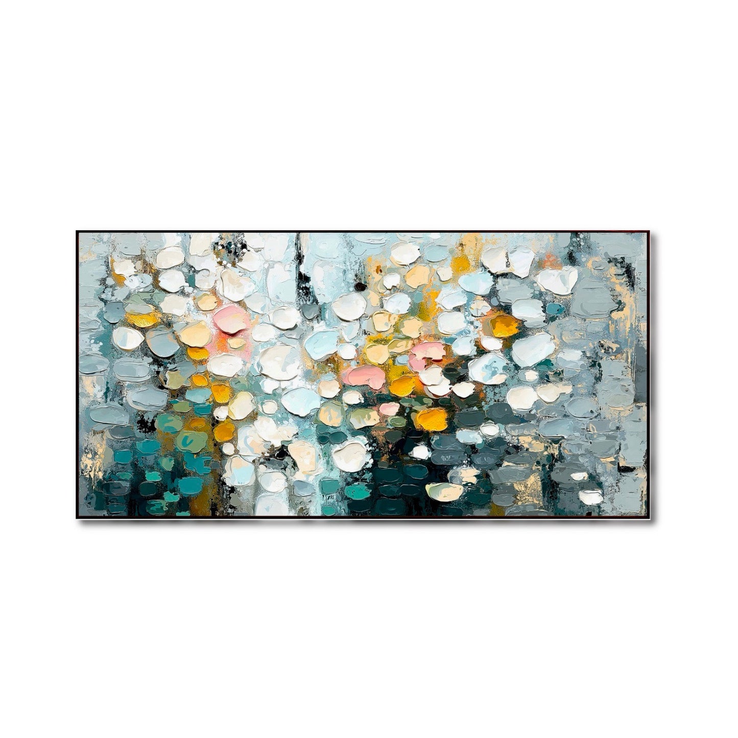 Original hand-painted Impasto Abstract Floral art. Heavy texture in cool grey/teal with warm yellow and gold accents. Modern Wall Art.