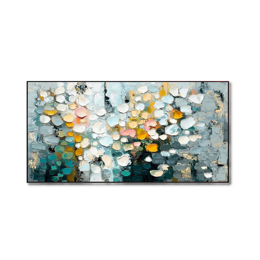 Original hand-painted Impasto Abstract Floral art. Heavy texture in cool grey/teal with warm yellow and gold accents. Modern Wall Art.