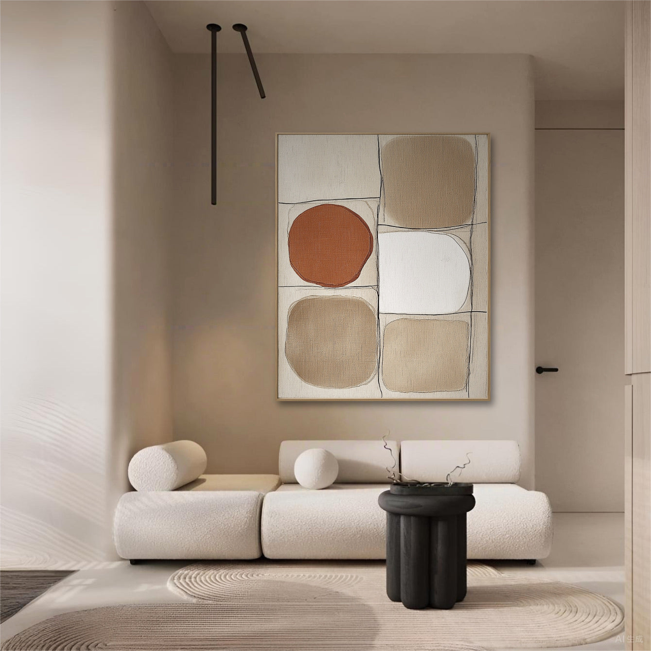 Warm abstract art providing color and pattern over a segmented white sofa next to a dark sculptural table.