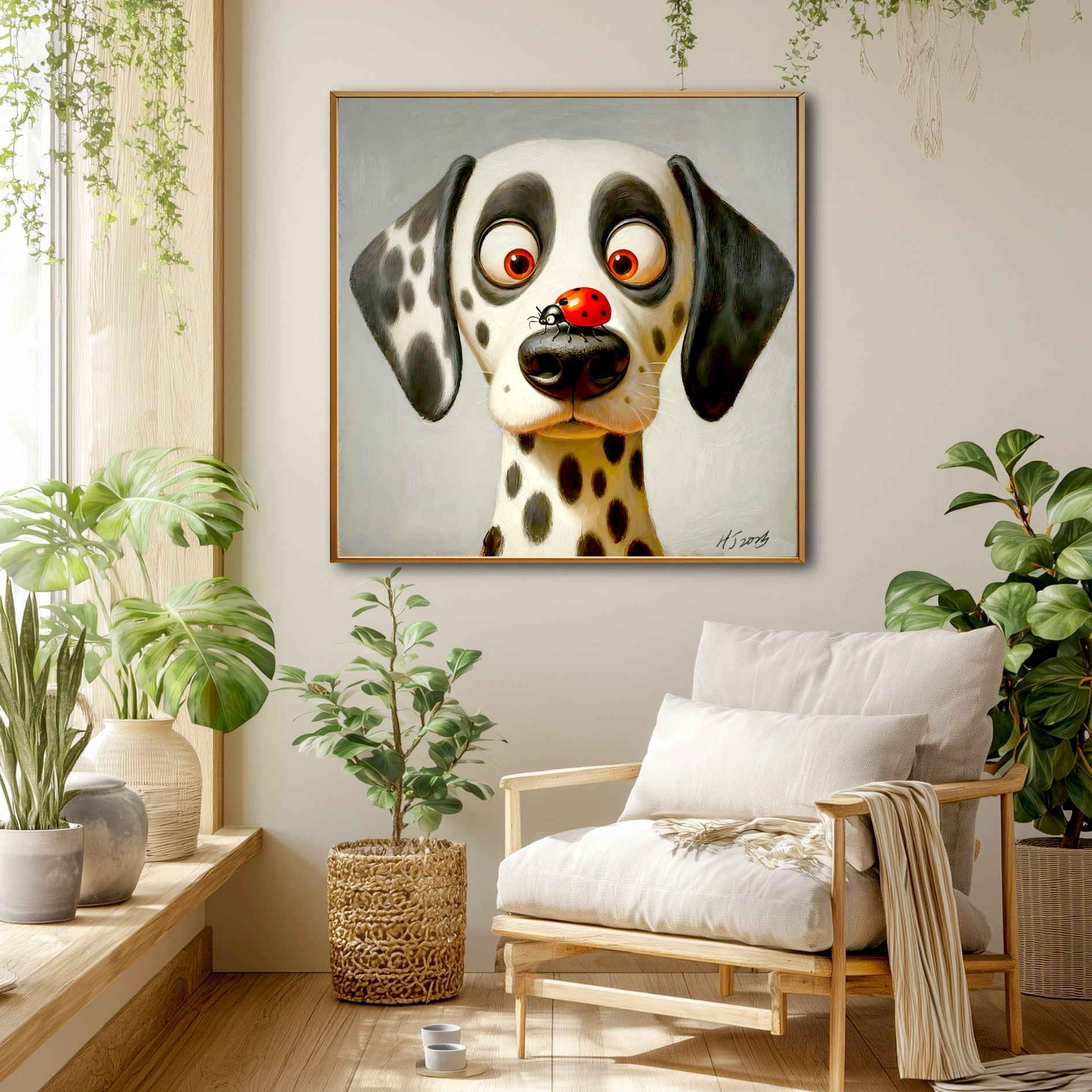 Surprised Dalmatian painting adds humor to a cozy, plant-filled living room corner with a modern armchair and large window.
