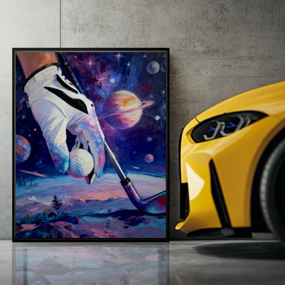 Surreal golf art on concrete wall. Purple galaxy tones contrast with yellow sports car for a luxury, high-performance garage vibe.