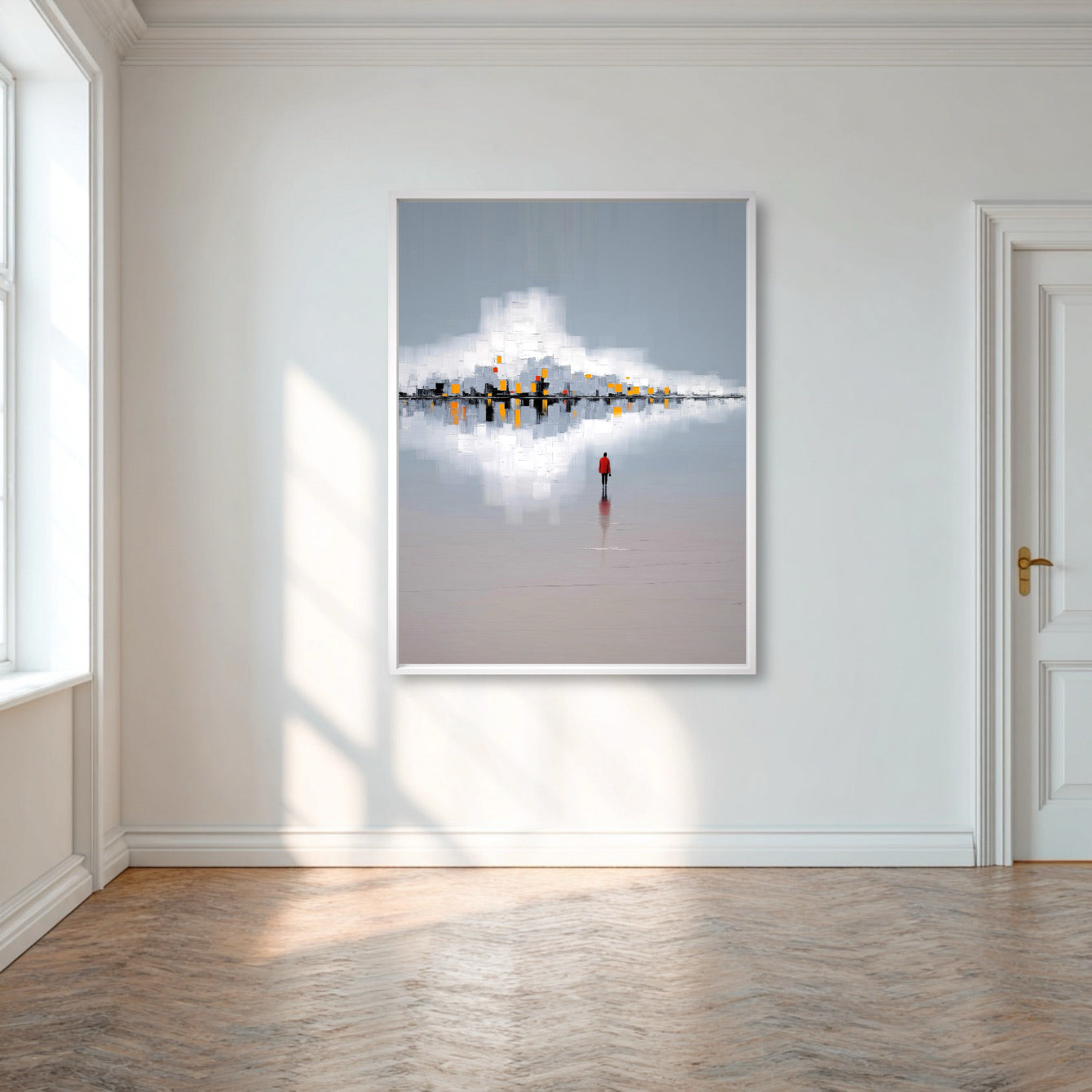 Framed artwork of a person standing on water with a cloud reflection, in a room with wooden flooring and a white wall.