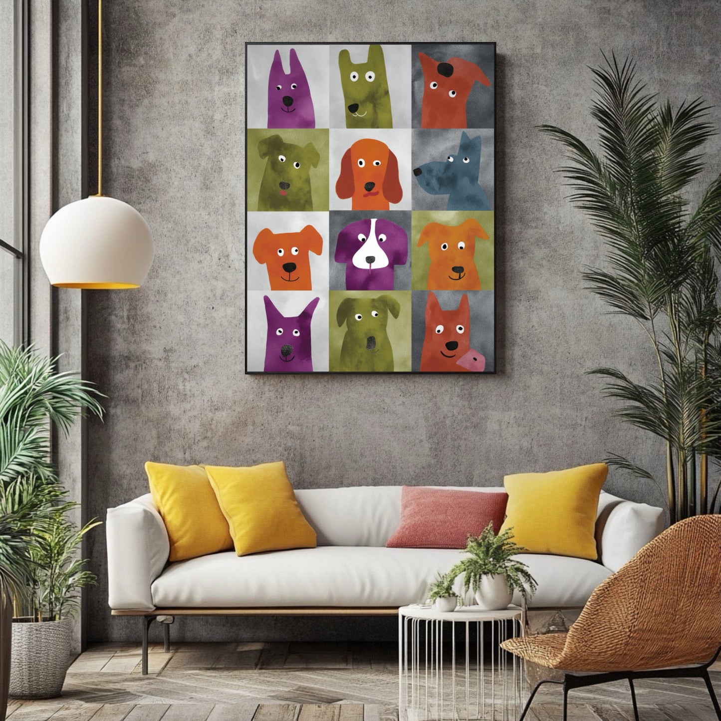 A vibrant pop art dog print contrasts with an industrial concrete wall, its colors echoing the yellow pillows in an eclectic living room.