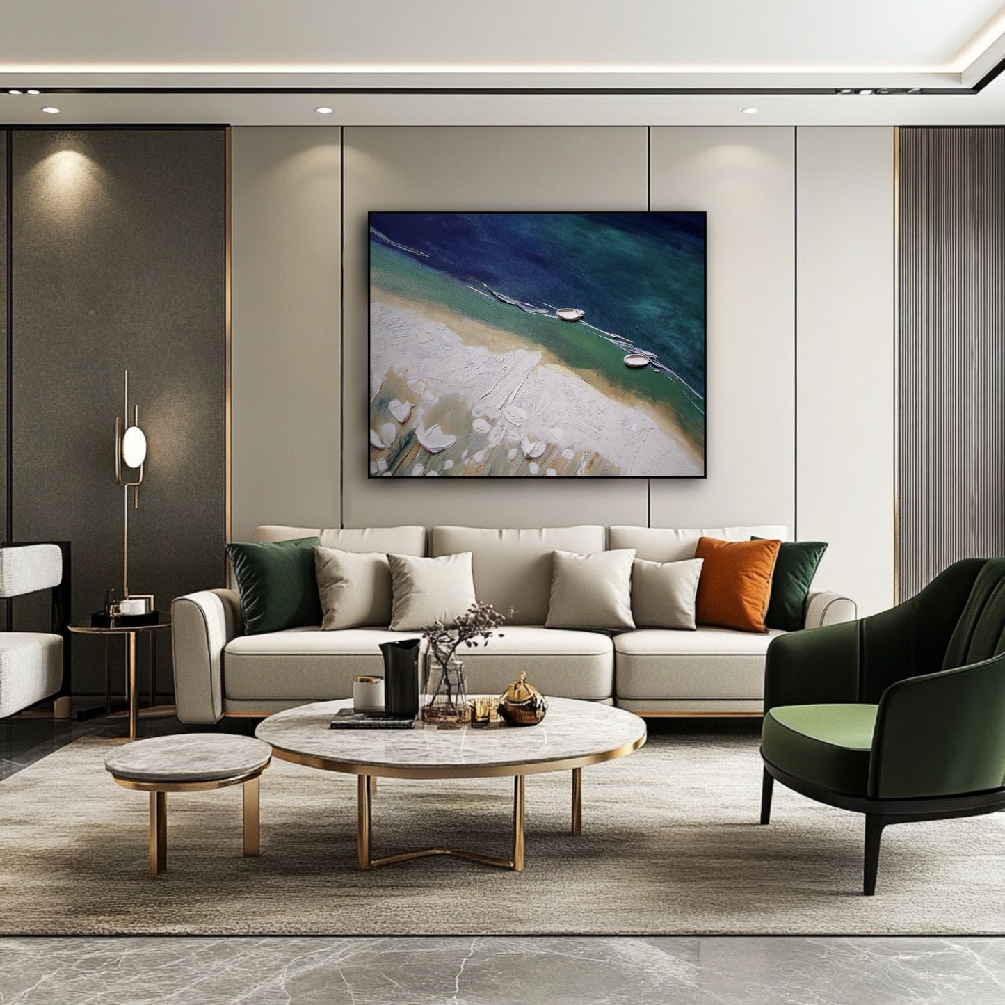 Original impasto seascape providing a vivid color anchor over a luxury sofa, complementing the deep emerald green chair and gold accents.
